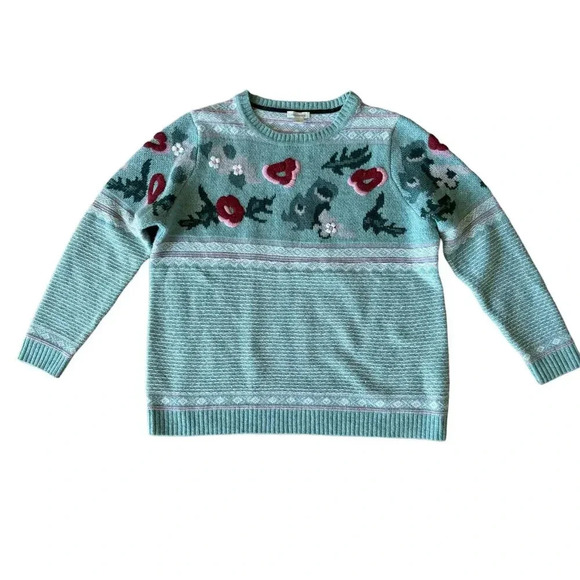 Sundance Bold Botanic Floral Knit Embroidered Wool Sweater Jumper Aqua Size L - Picture 3 of 9
